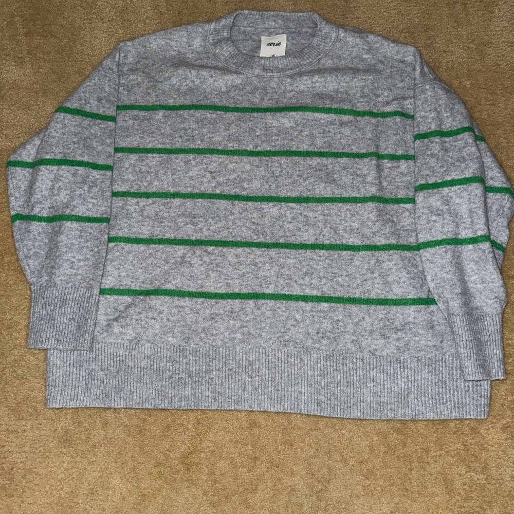 Aerie Oversized Gray Sweater with Green Stripes Sz XL
